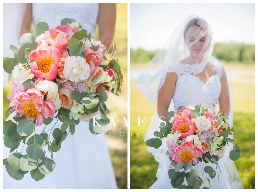 Bride showing off her bouquet of flowers during her wedding in Flint Michigan