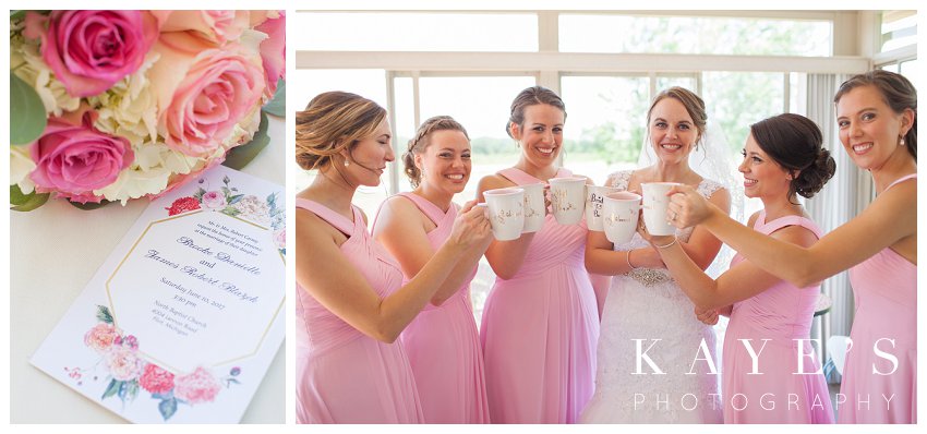 Bride toasting with her bridesmaids before wedding ceremony in Flint Michigan 