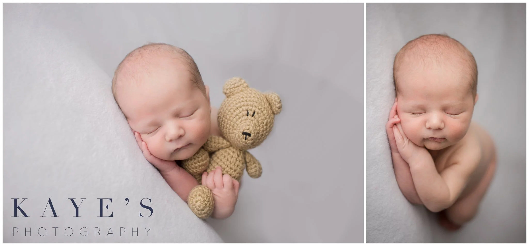 baby boy on white blanket holding tan bear in grand blanc michigan