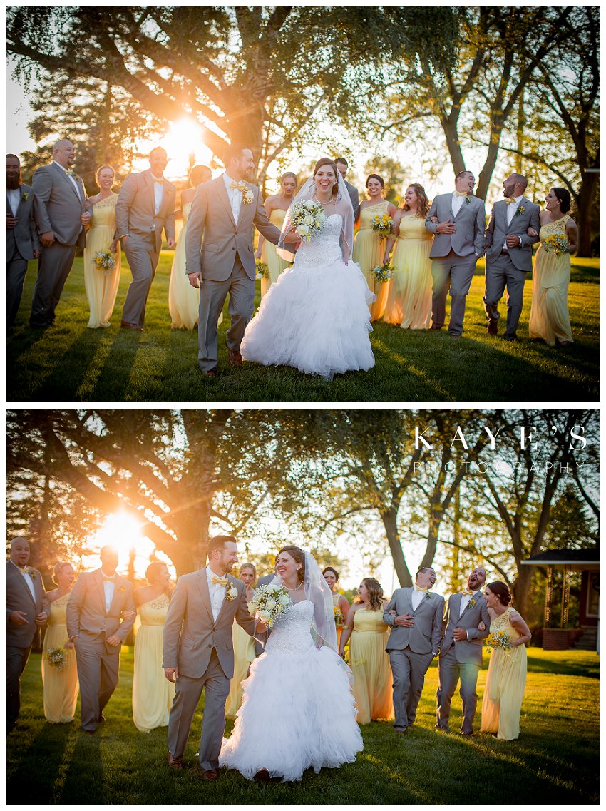 bridal party pictures in yellow and grey at sunset 