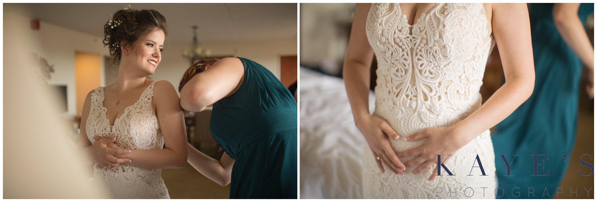 bride getting ready with bridesmaids help