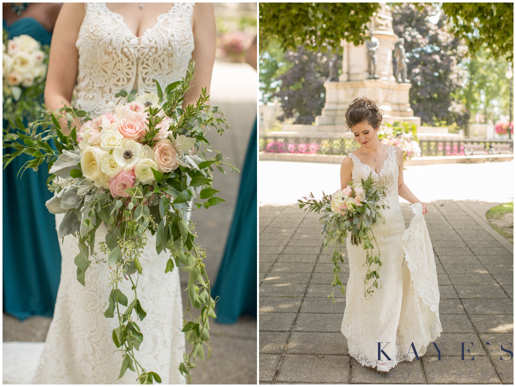 bride with flowers and bridesmaids