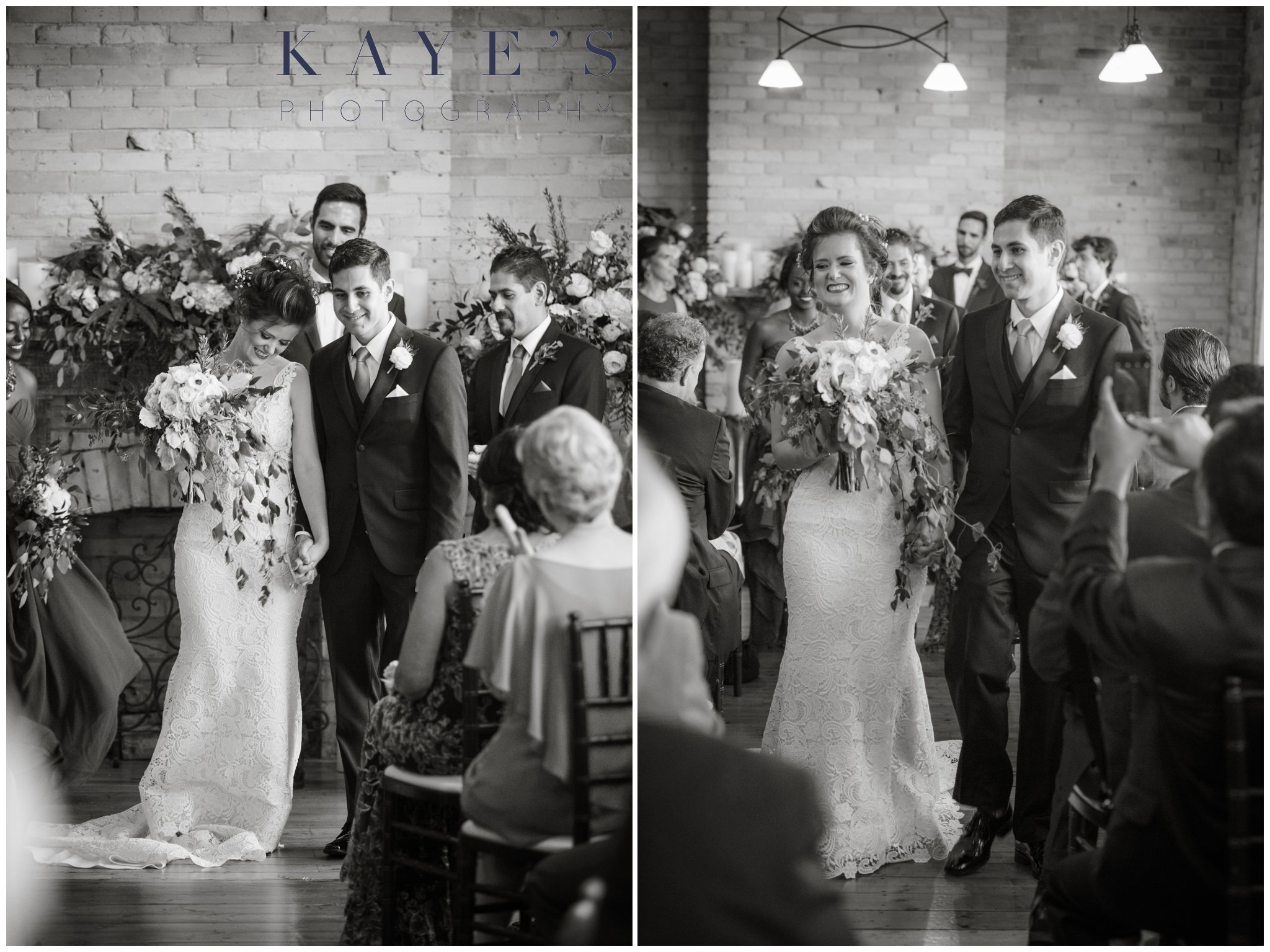 bride and groom holding hands after getting married