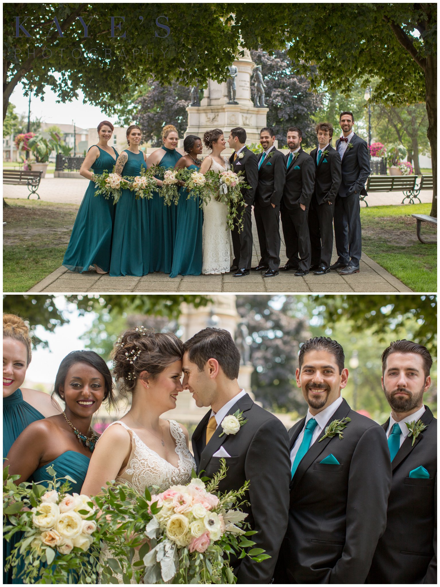 bridal party with bride and groom in park in muskegon michigan 