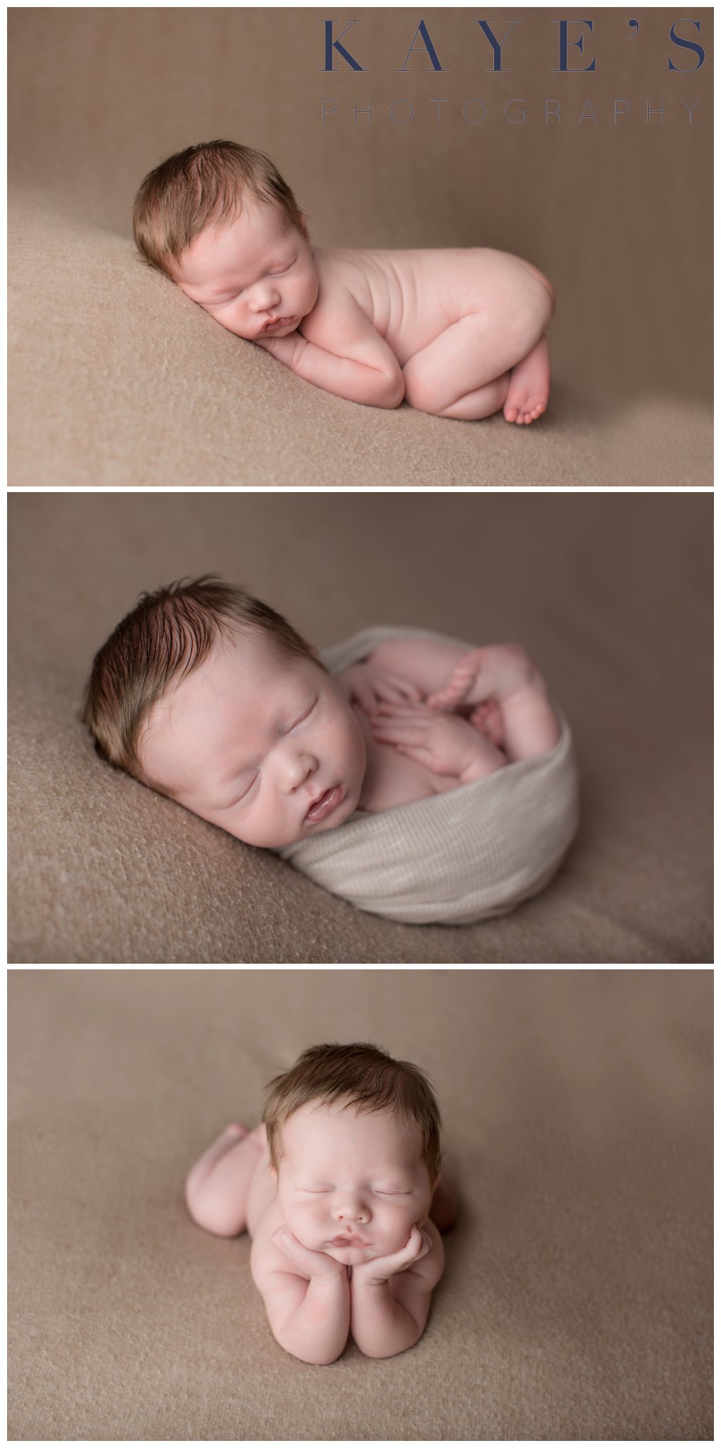 Baby boy wrapped on tan blanket sleeping