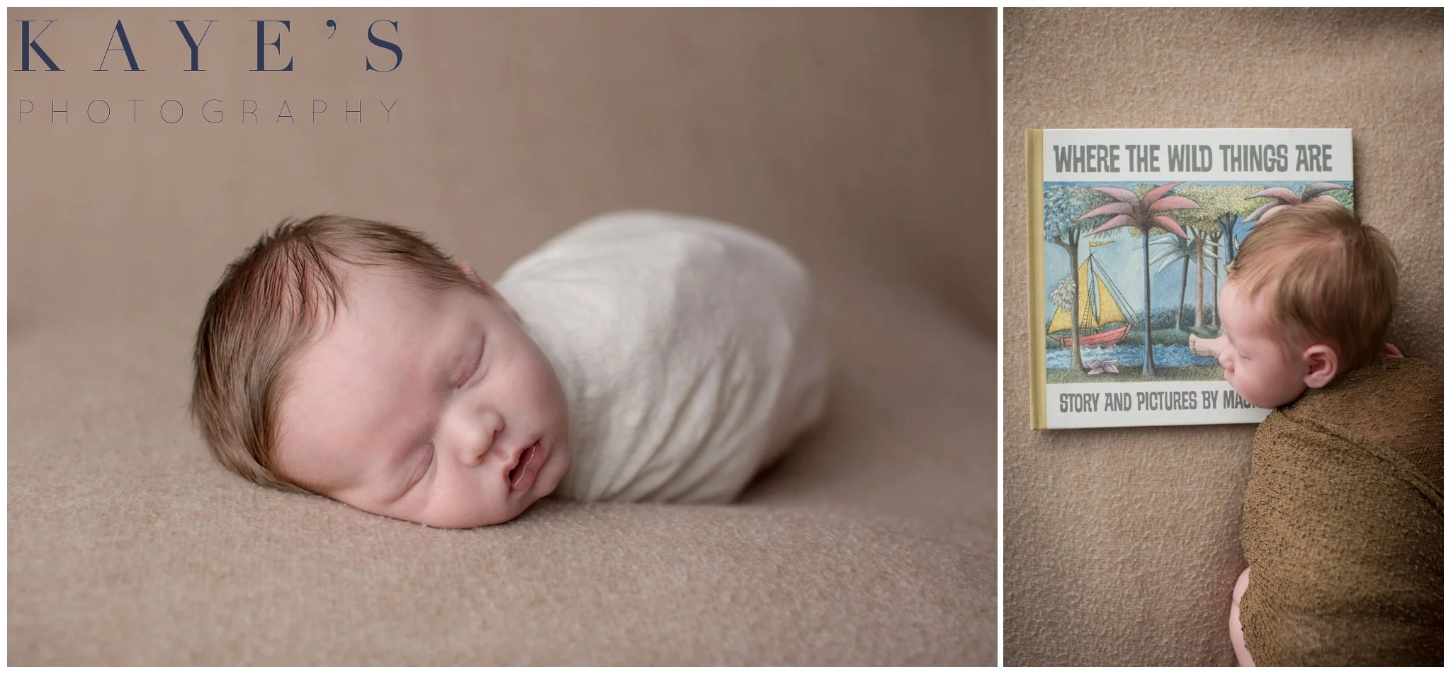 Baby boy on tan blanket wrapped laying on book sleeping