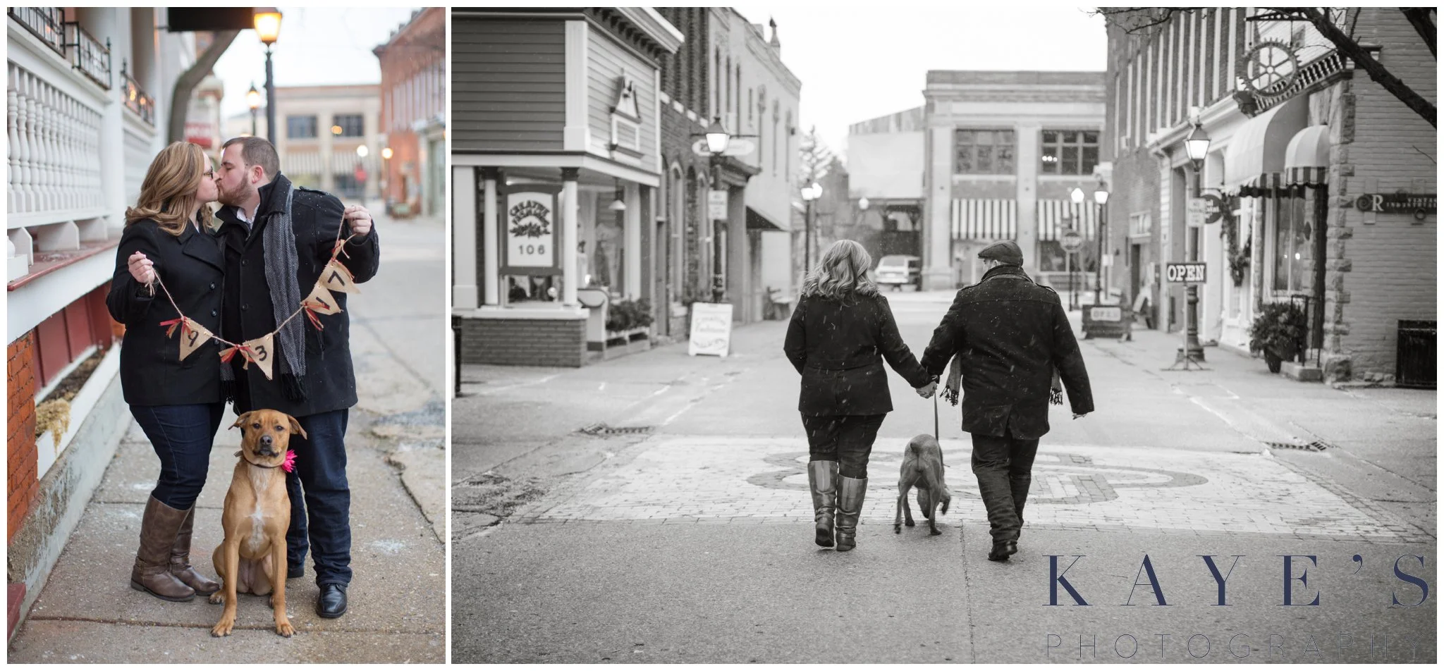 couple posing with dog in engagement portrait in holly