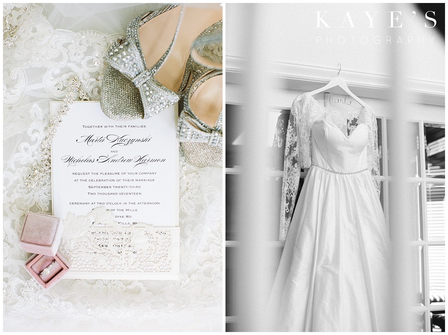 Grand Palazzo Wedding Details with invitation and beautiful wedding dress by Kaye's Photography