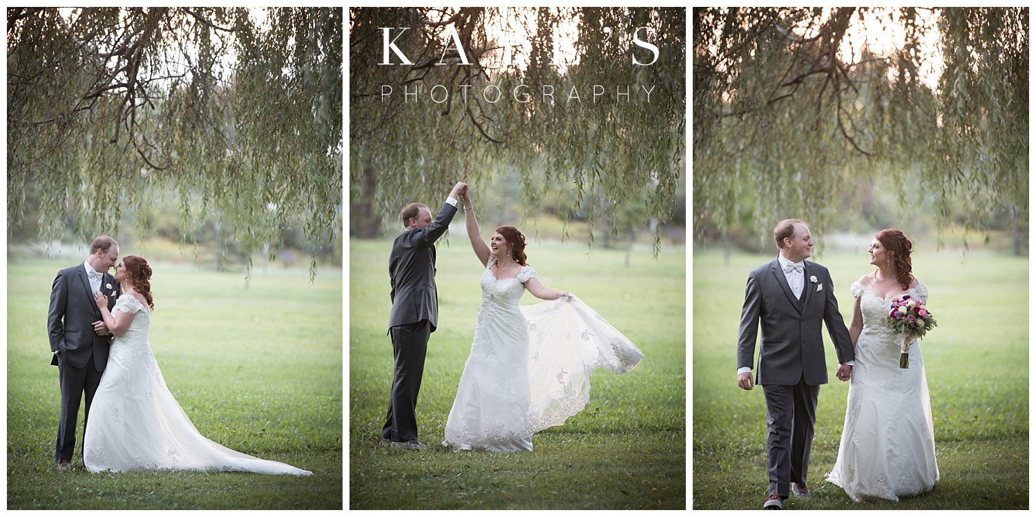 bride and groom portraits under willow tree on wedding day