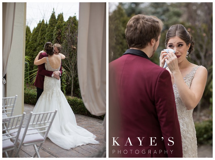 bride and groom during the first look at crystal gardens in howell michigan