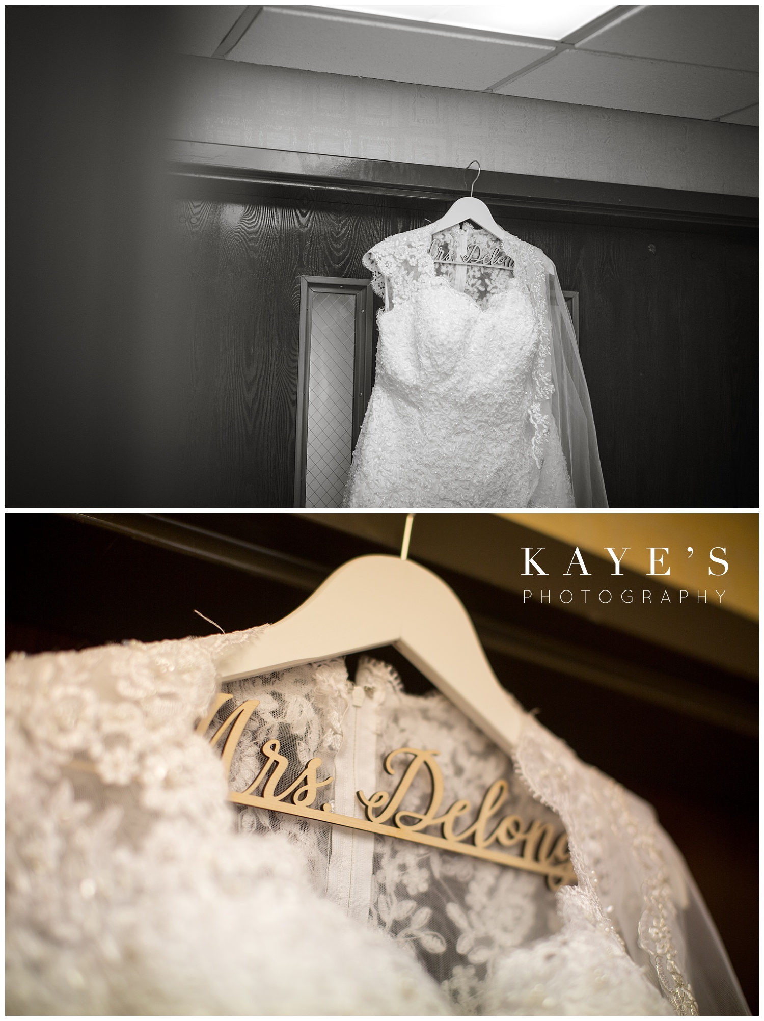 brides dress hanging before davison michigan wedding by kaye's photography