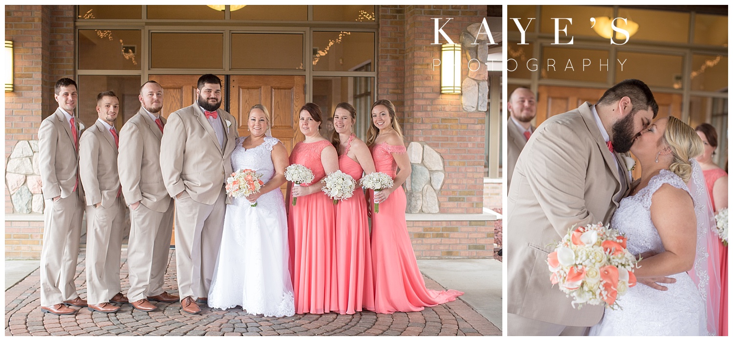 bridal party photos with bridesmaids in coral dresses at lapeer country club