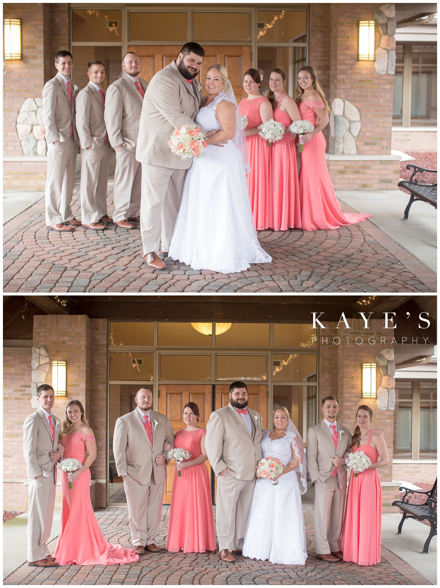 bridal party photos with bridesmaids in coral dresses at lapeer country club