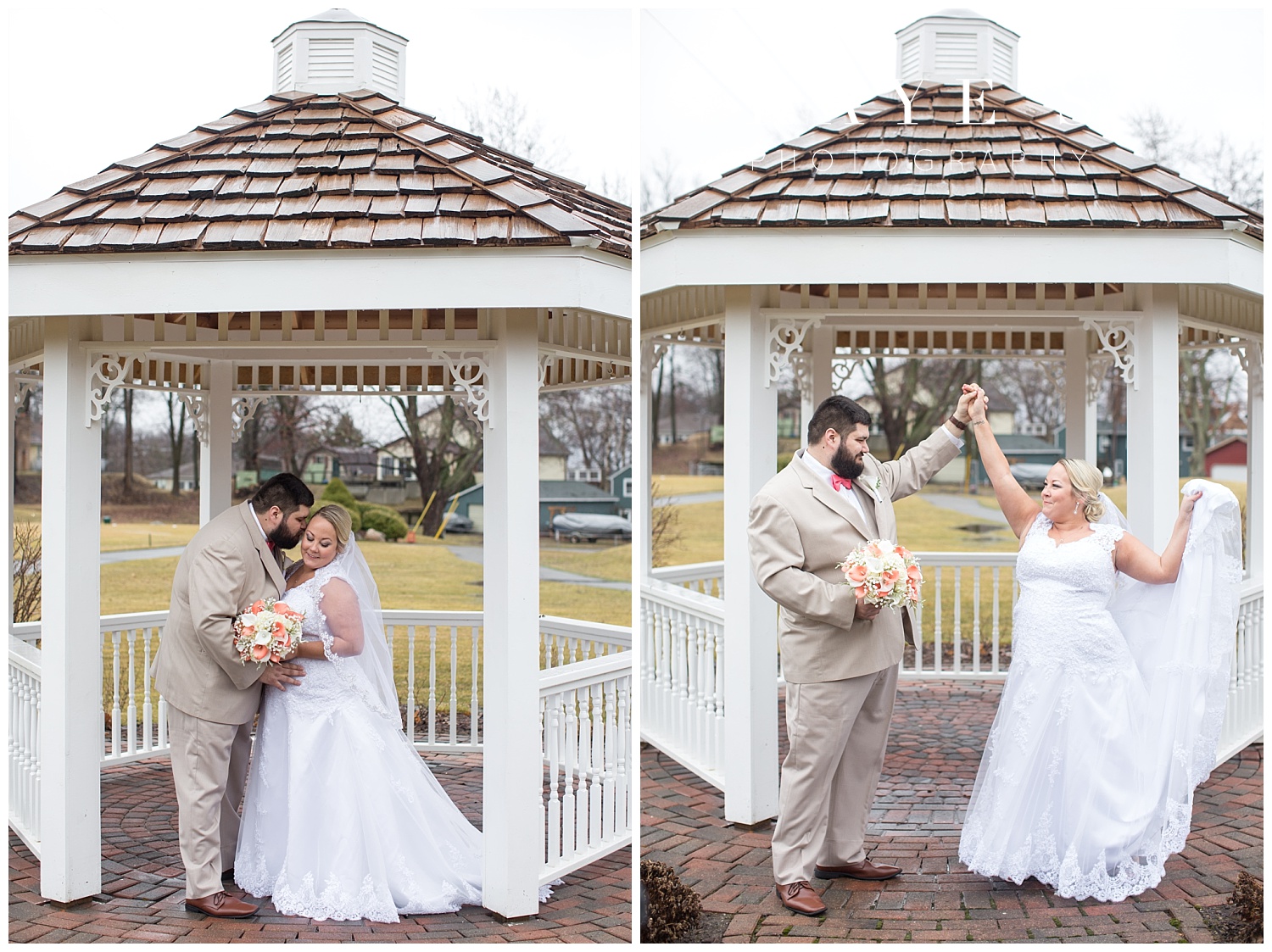 bride and groom outside in spring portraits during michigan wedding