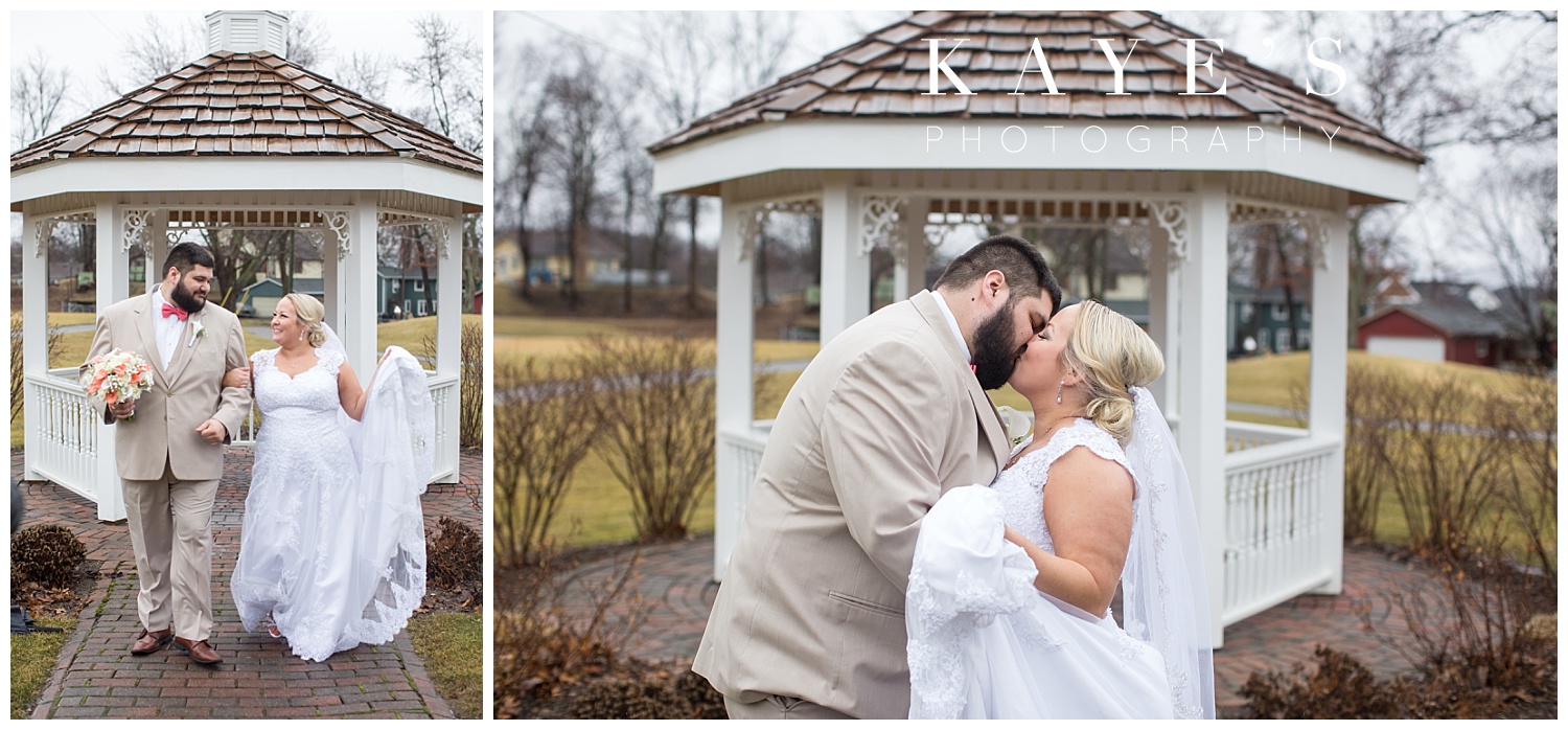 bride and groom photos in front of a gazebo at lapeer county club by kayes photography
