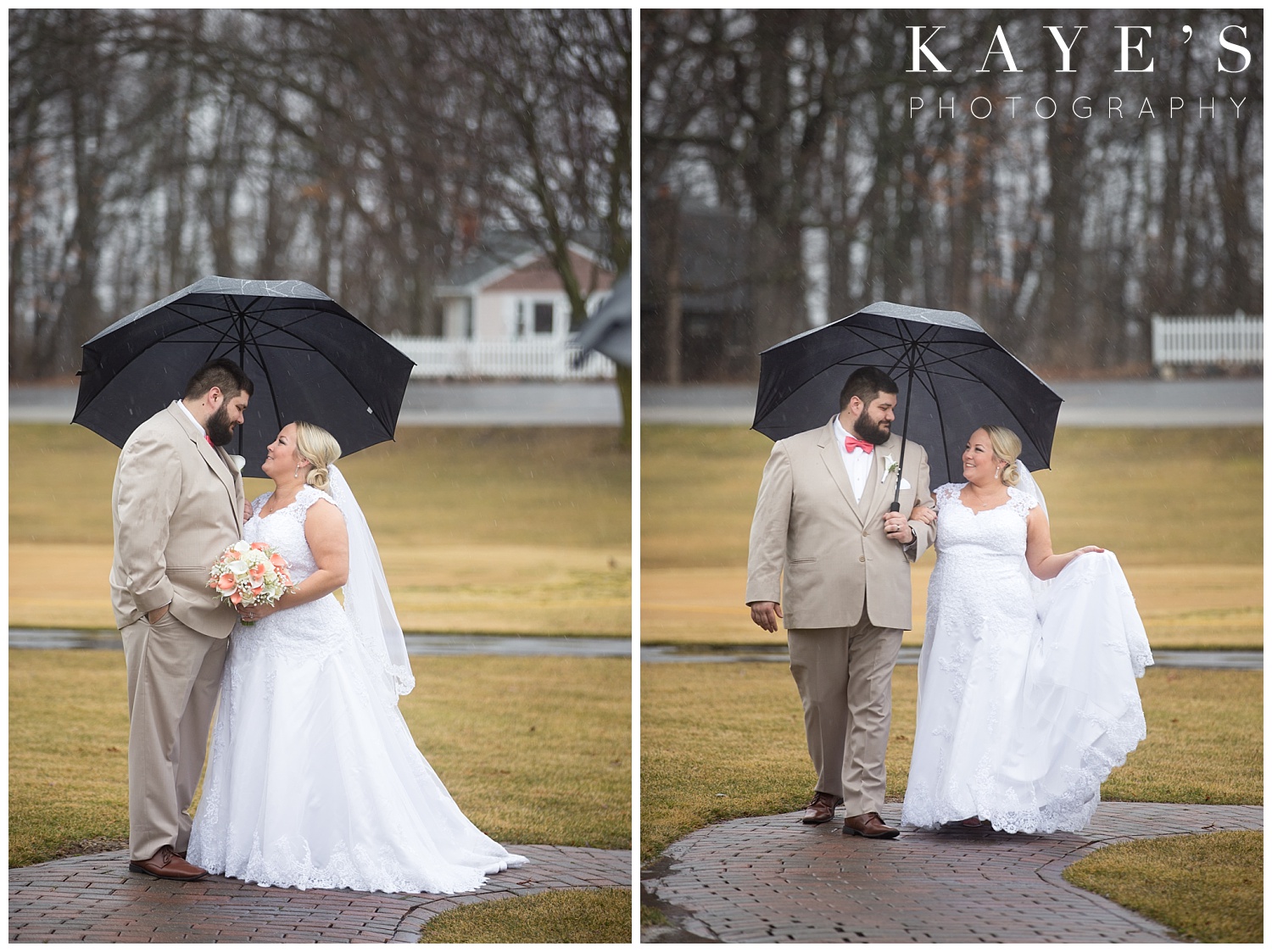 bride and groom portraits in the rain with umbrella in michigan spring wedding by kaye's photography