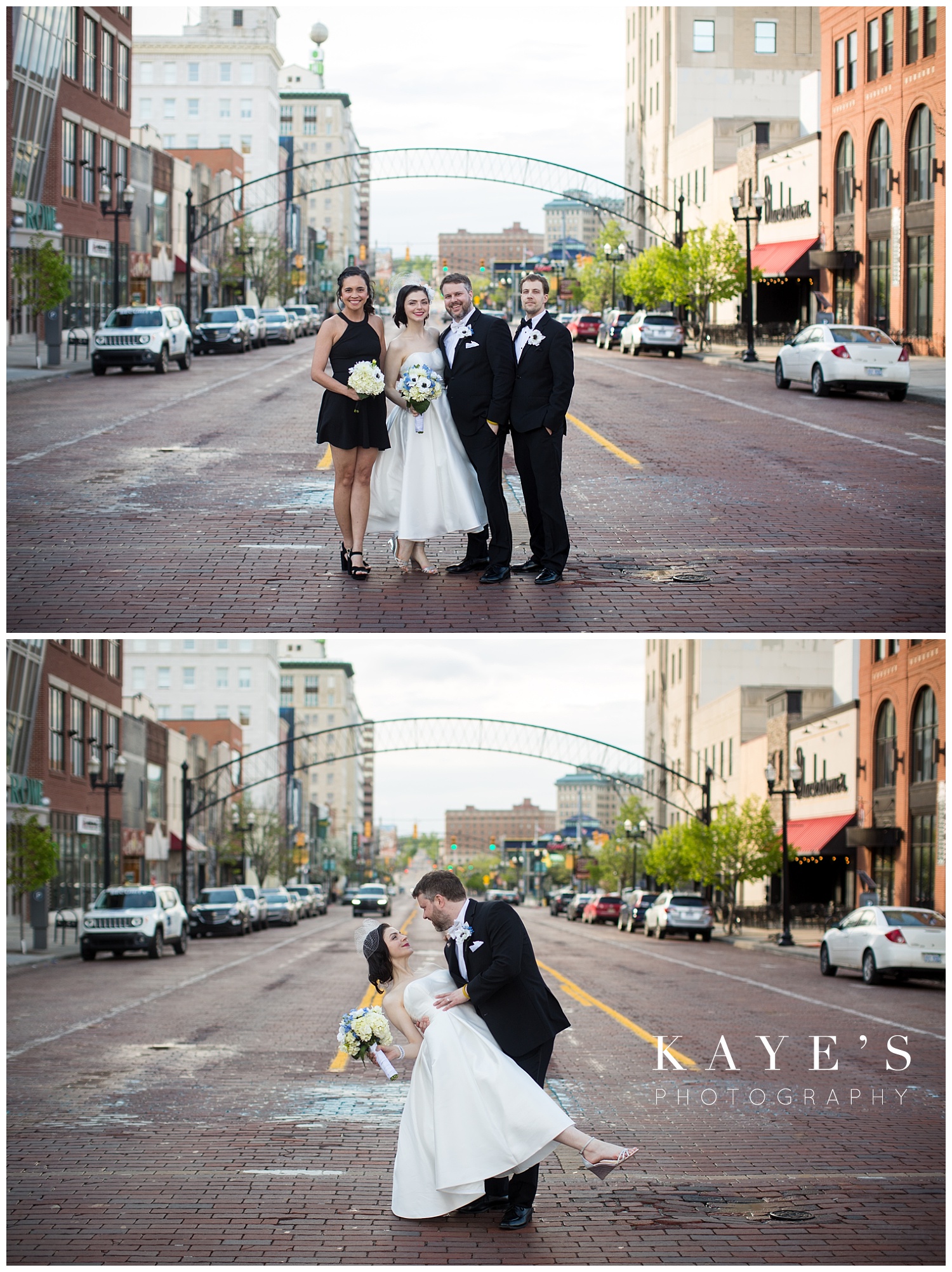 bridal party photo in the street of flint michigan after the wedding ceremony 