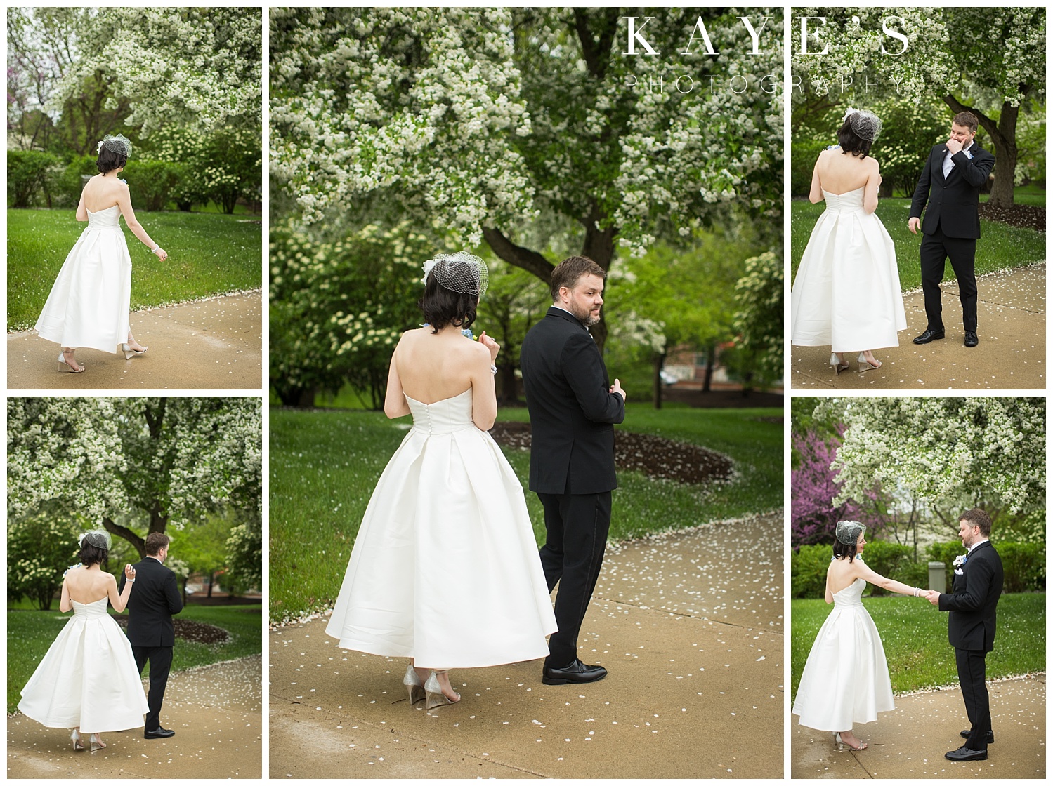first look in front of flowering trees in flint, michigan before wedding ceremony