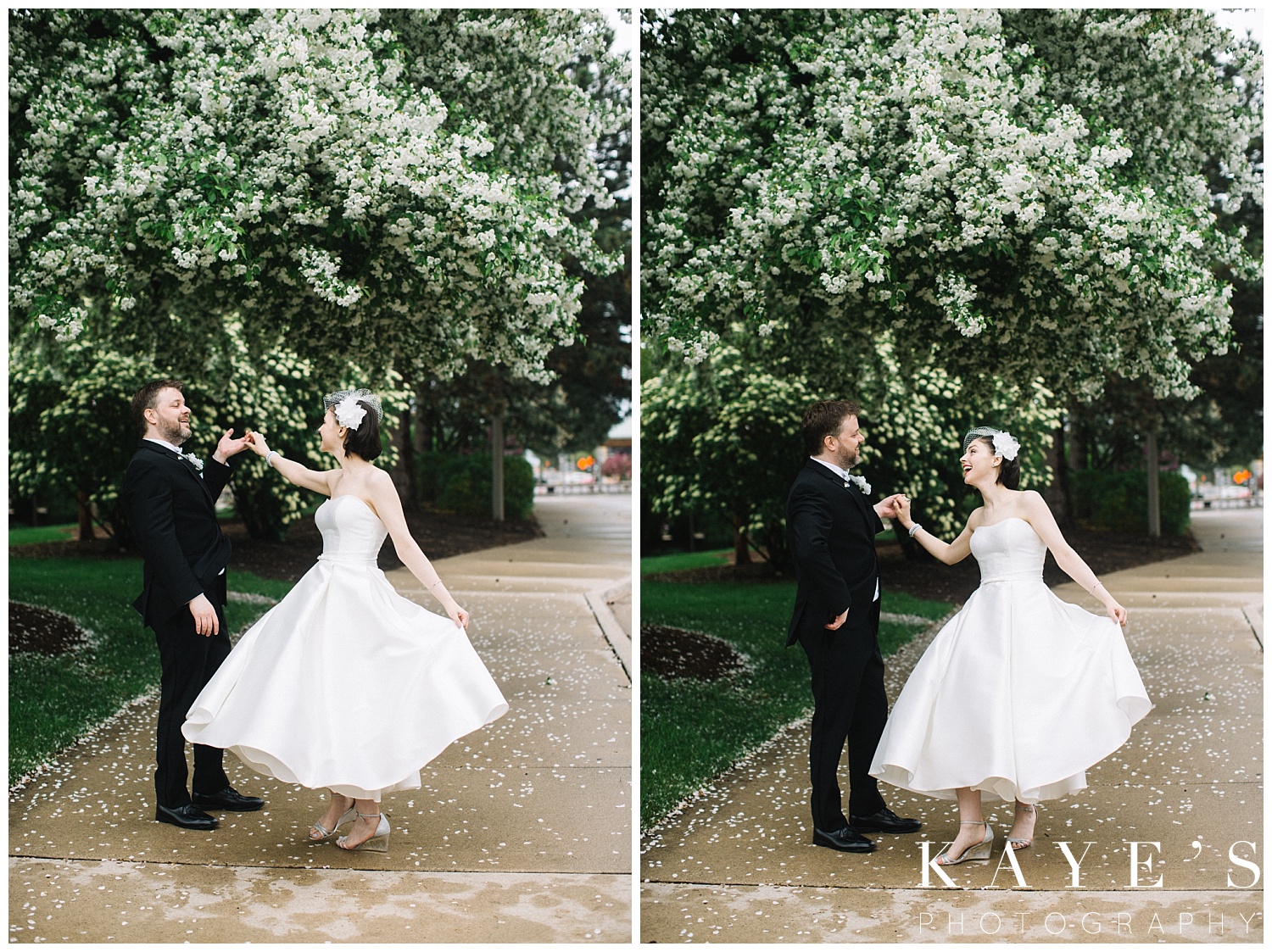 dancing bride with groom during wedding photos before wedding ceremony in flint michigan