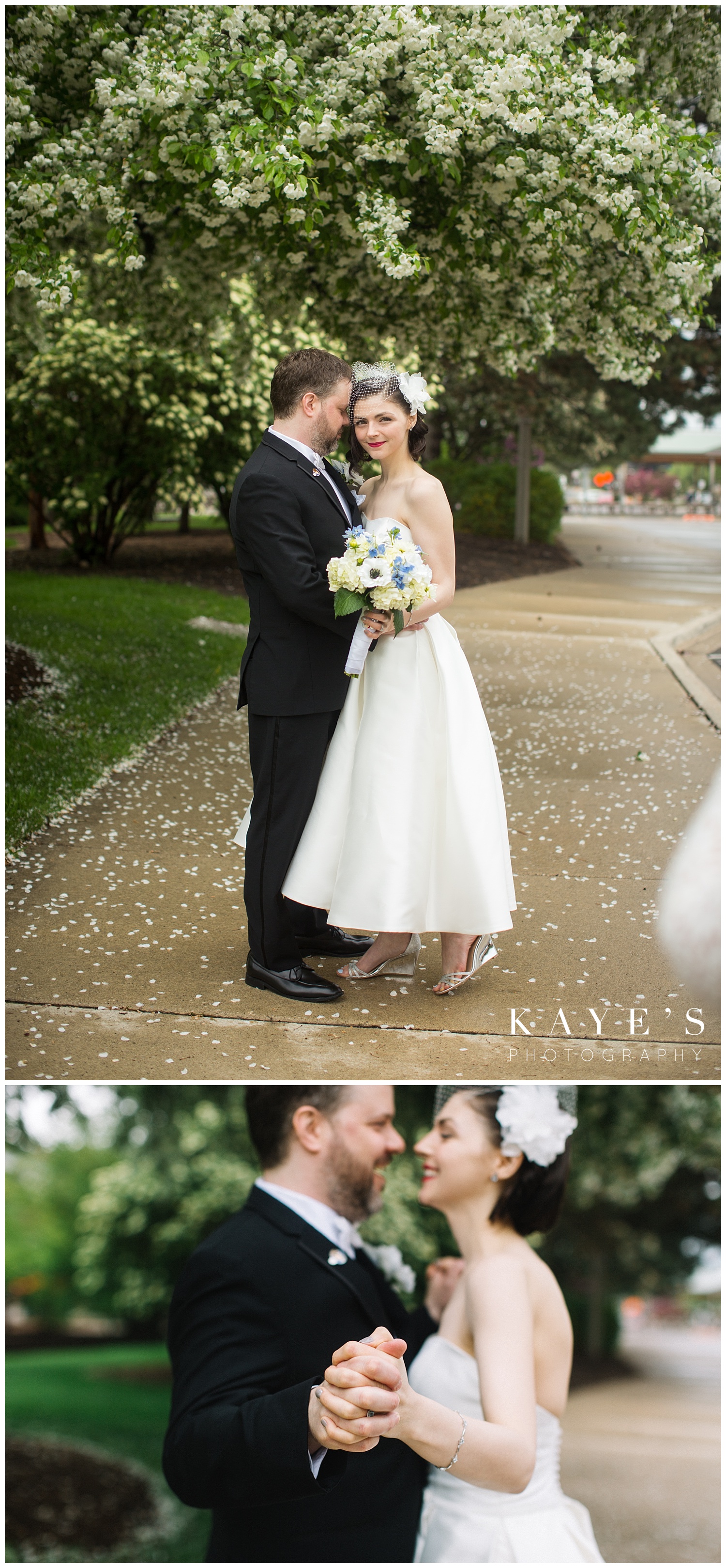 bride and groom photos after first look under flowering trees in flint michigan