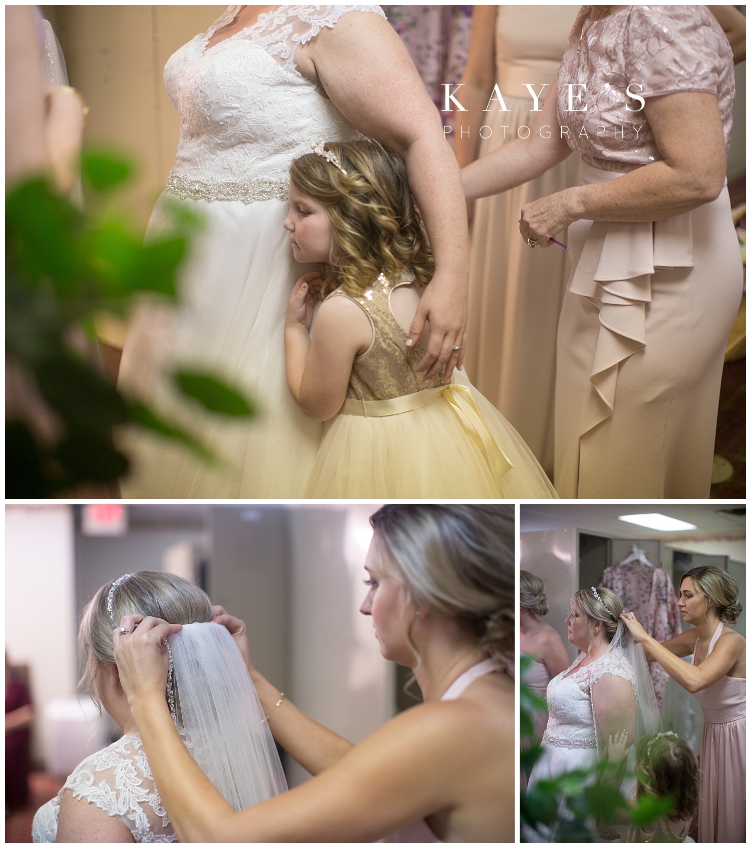 bride getting ready with bridesmaids and flower girl before wedding in flushing, michigan