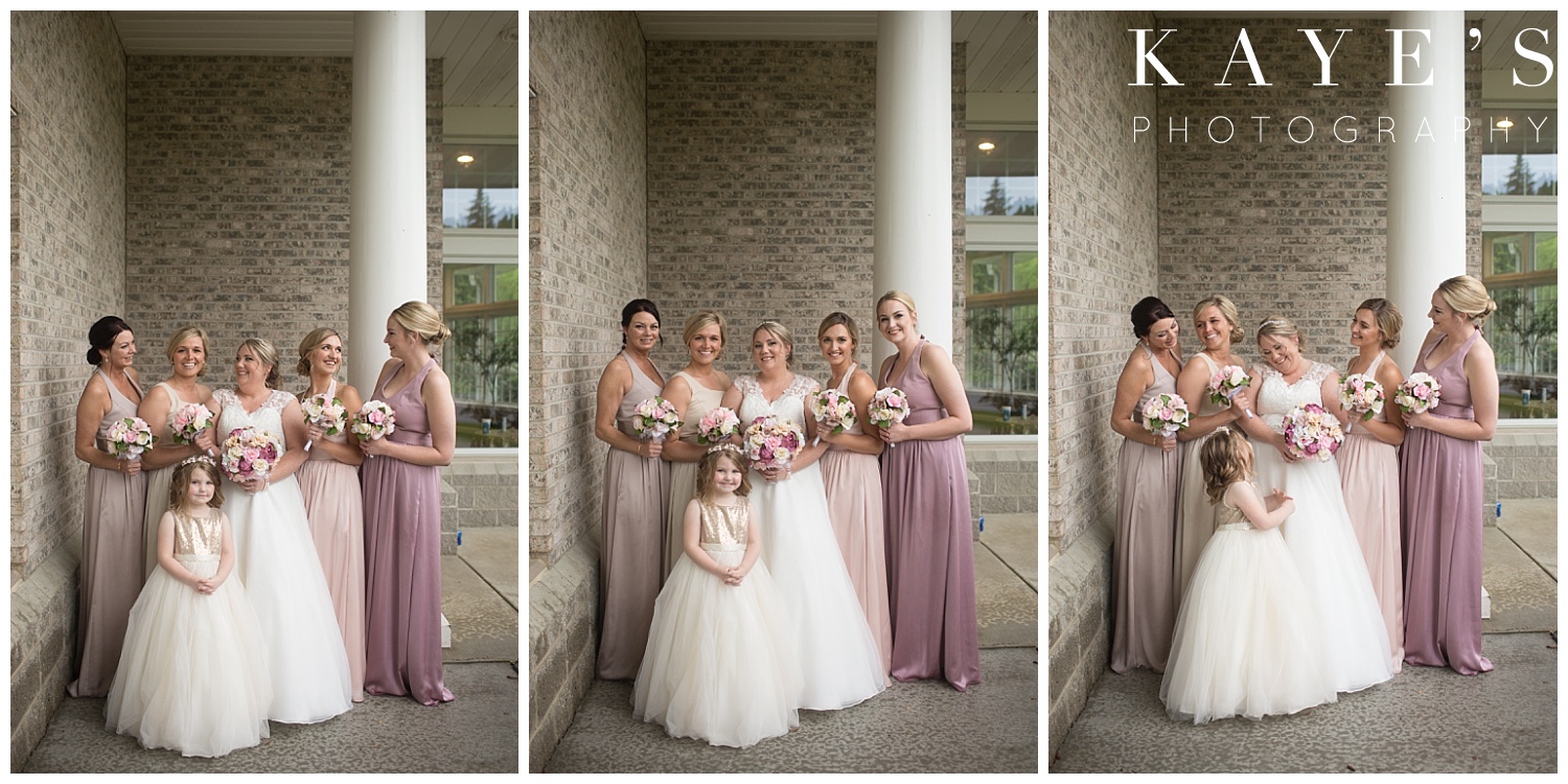 bride with bridesmaids before wedding in neutral dresses