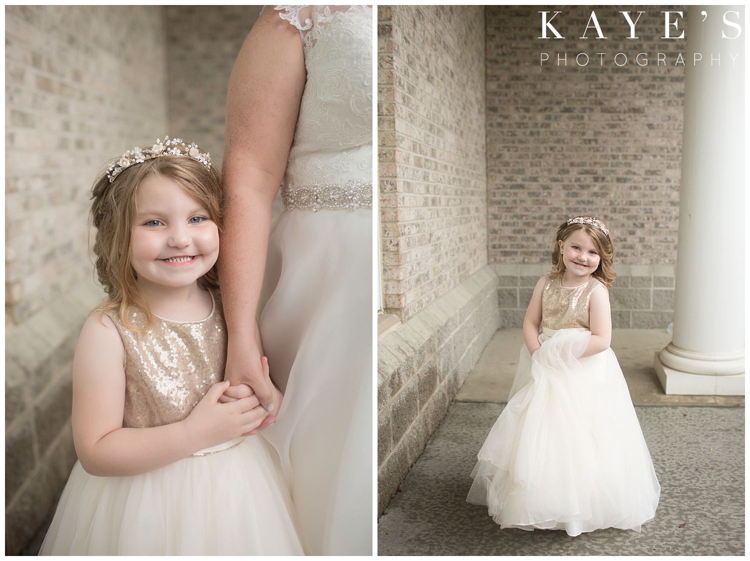 flower girl in gold and white dress with bride