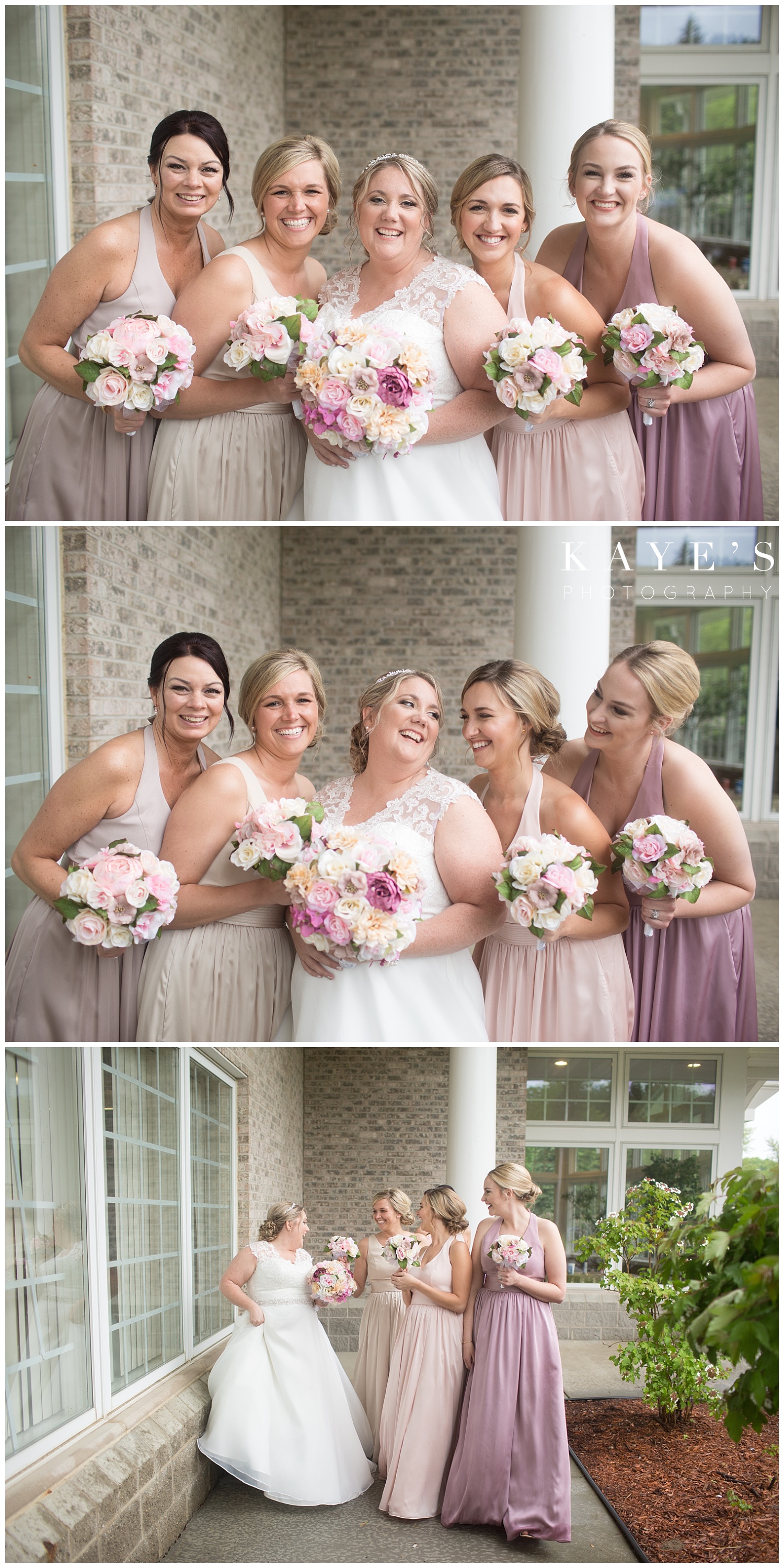 bride and bridesmaids in neutral bridesmaids dresses before the wedding ceremony
