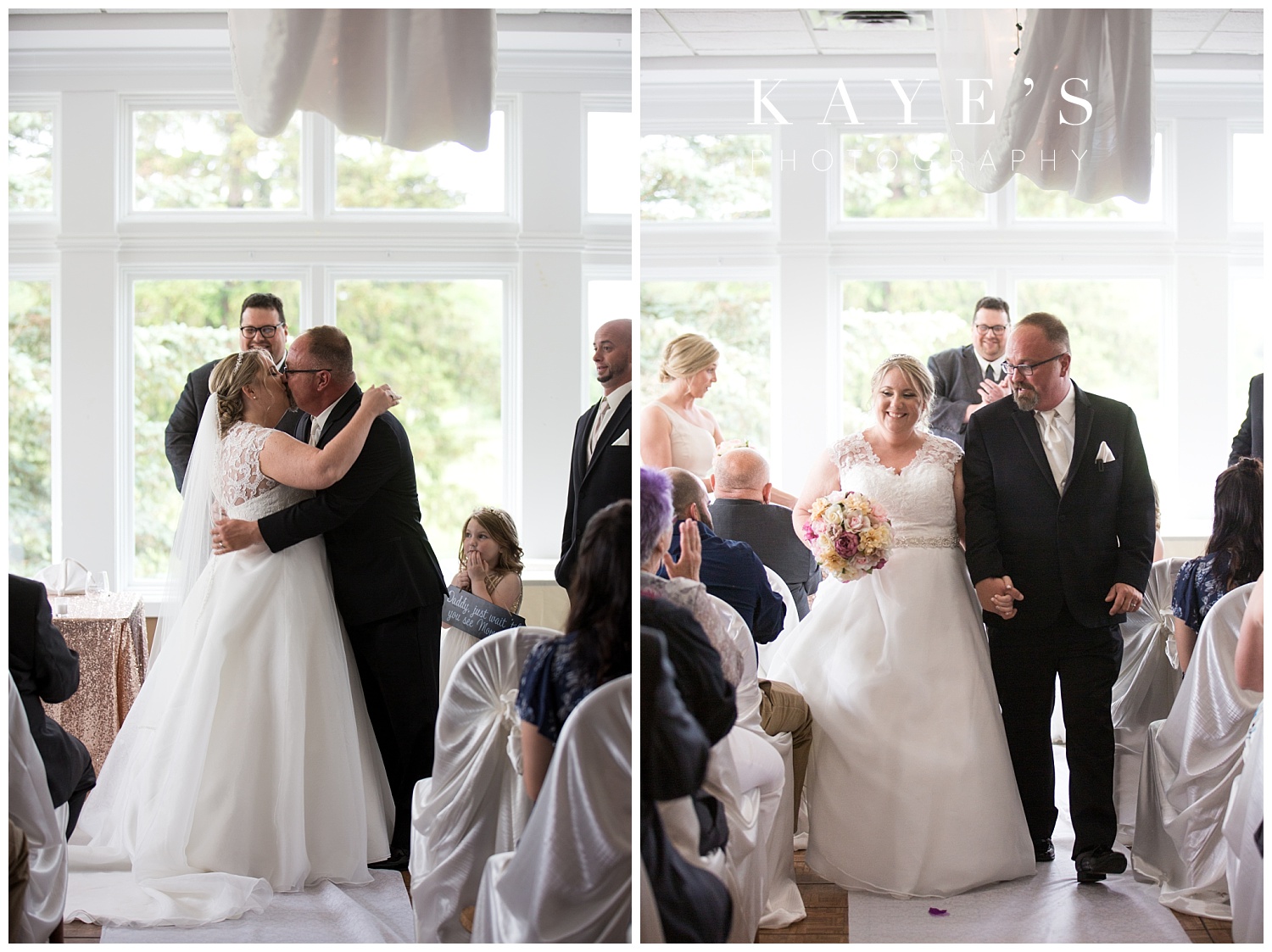 first kiss at indoor ceremony at flushing valley golf course