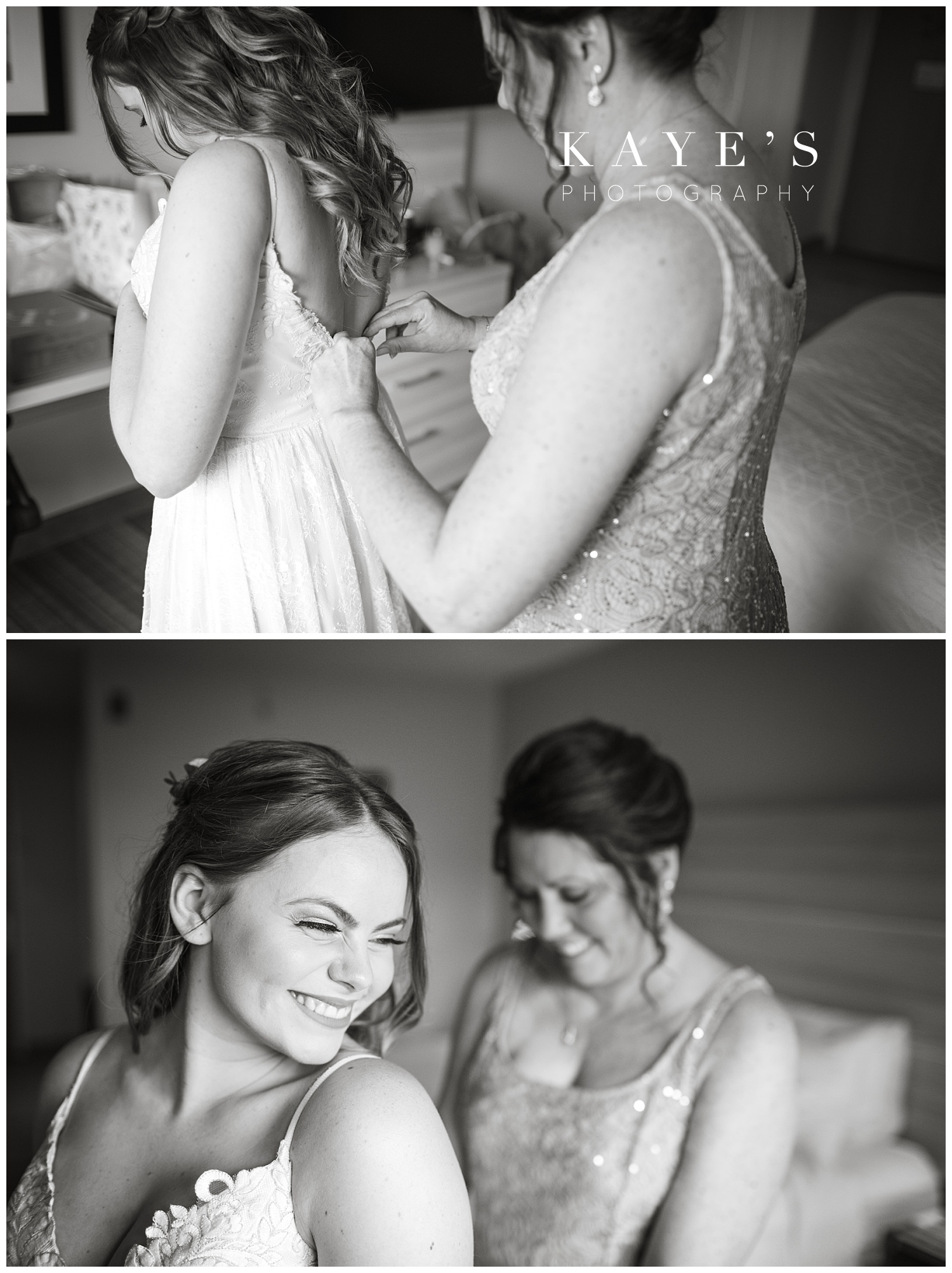 bride getting ready with mother before wedding ceremony