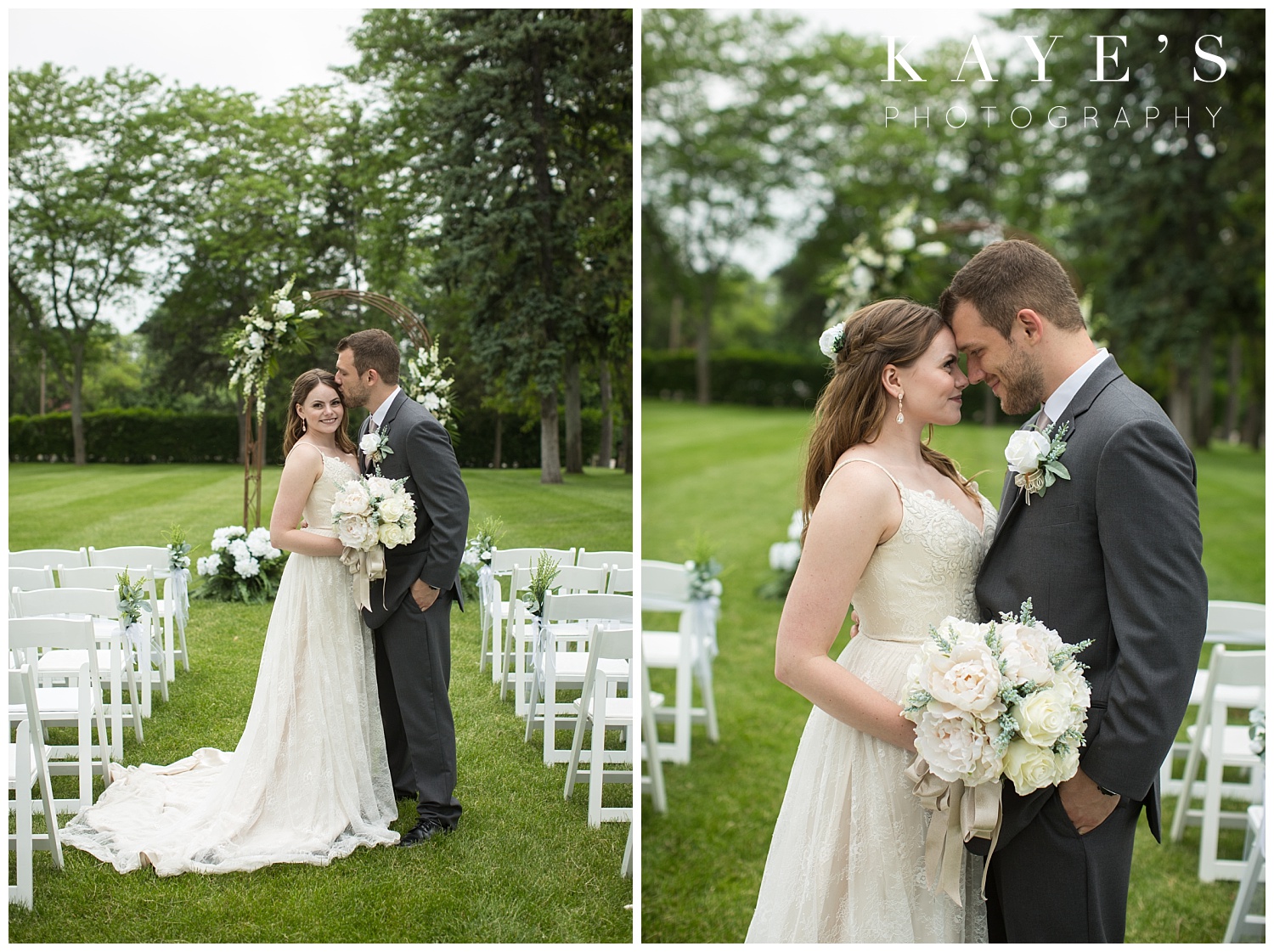 bride and groom portraits in the aisle of ceremony for wedding photos