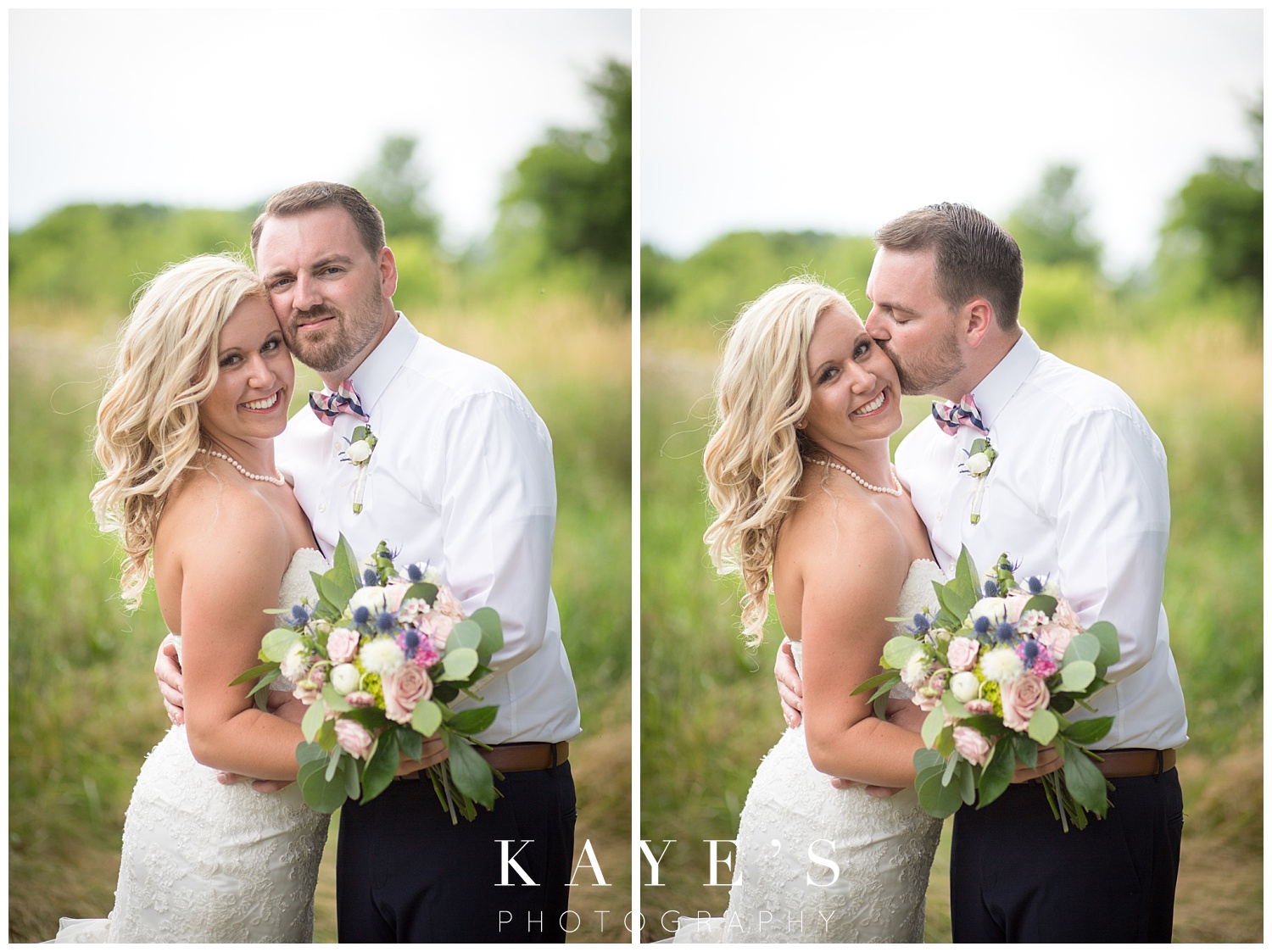 bride and groom portraits in a field during backyard wedding in grand blanc michigan