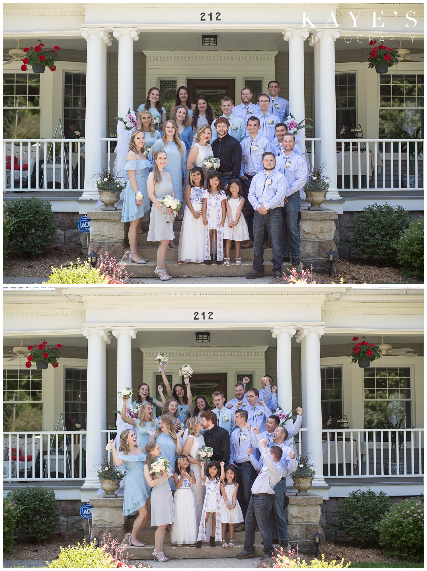 bridal party on the stairs of a white mansion in genesee county wedding