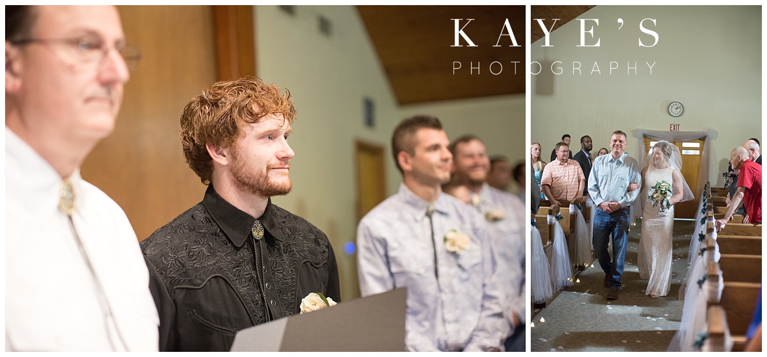 groom watching bride coming down the aisle at wedding ceremony in genesee county