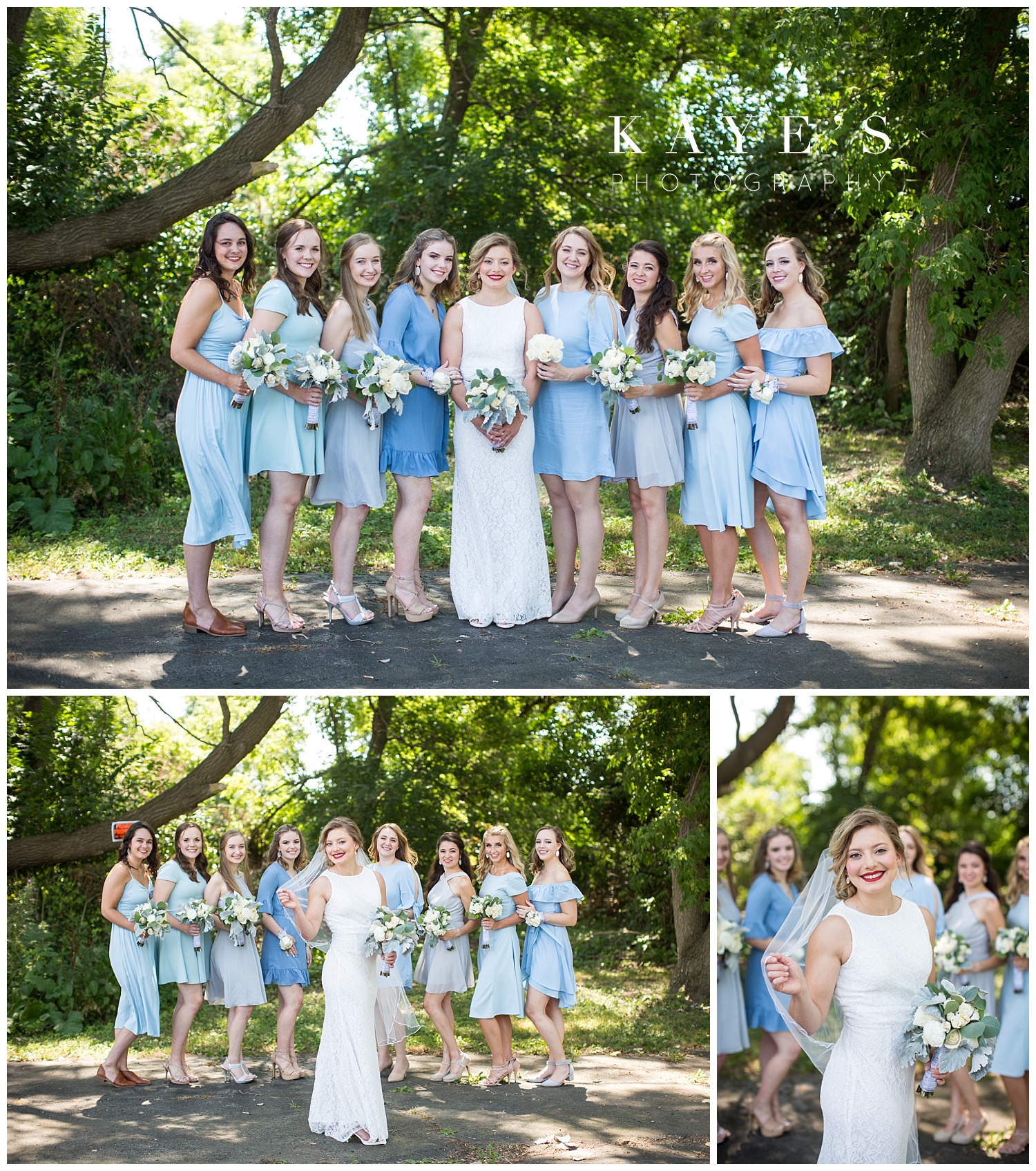 bride and bridesmaids in sky blue dresses before wedding ceremony in genesee county