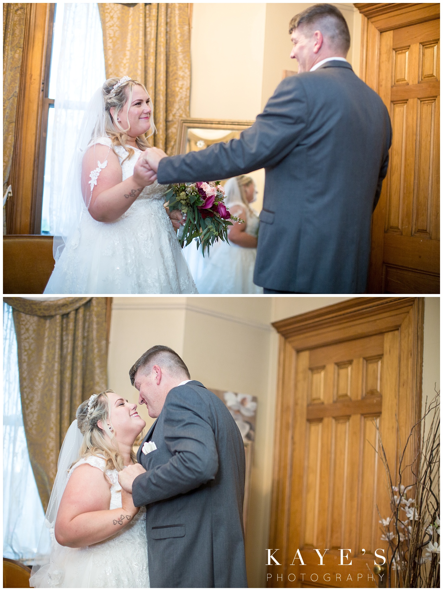 First look in the bridal room before the wedding ceremony