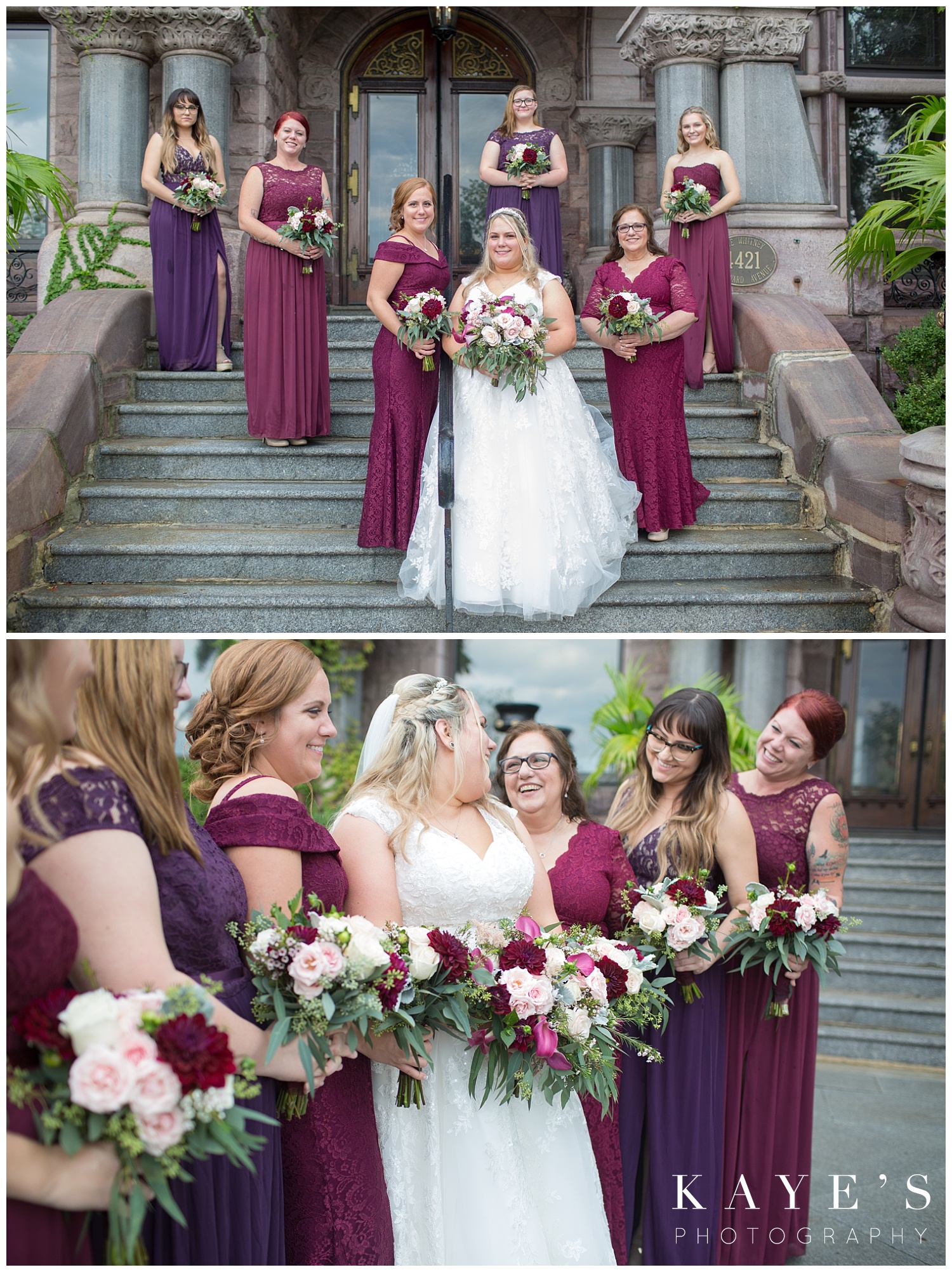 bride with bridesmaids in front of the whitney in detroit michigan