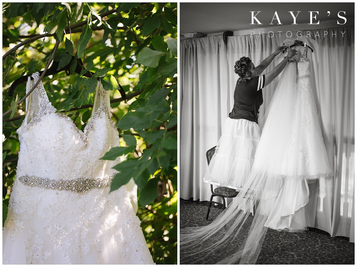 bride hanging up her dress at the captain's club in grand blanc michigan before wedding