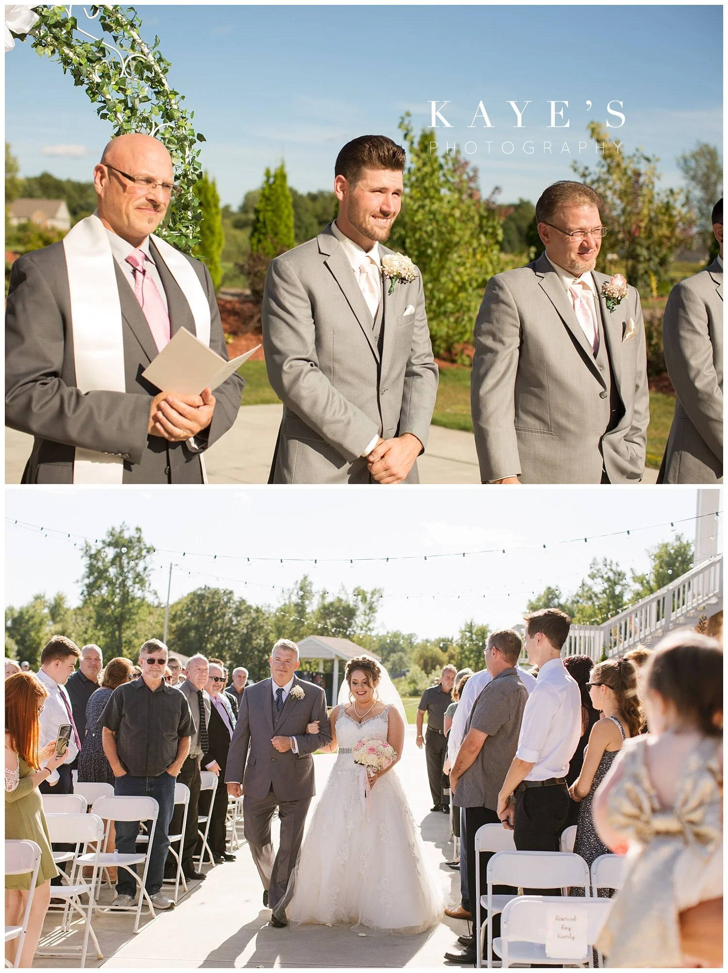 groom waiting for bride coming down the aisle at the captain's club on the patio