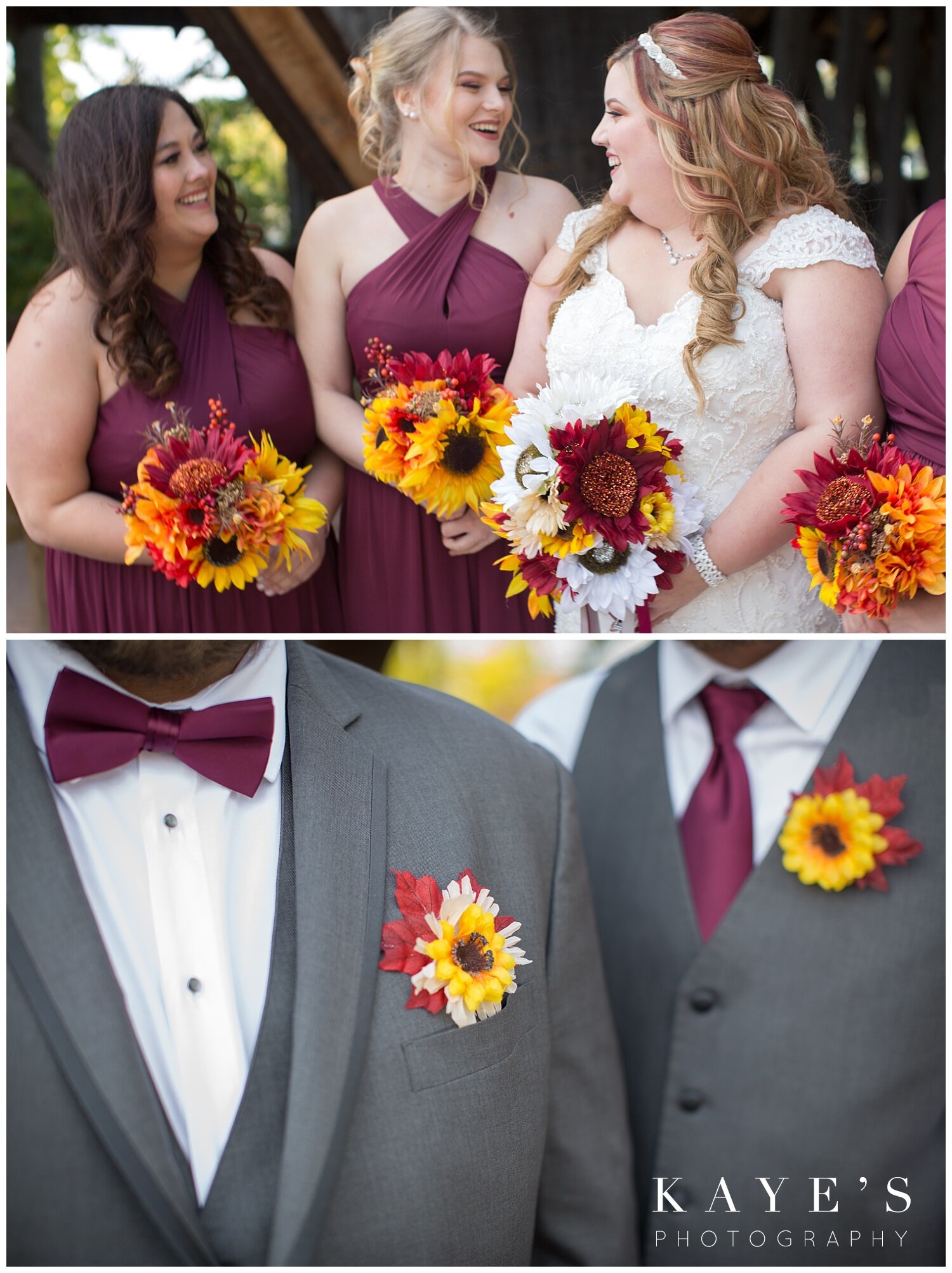 details of fall michigan wedding with sunflowers and burgundy details 