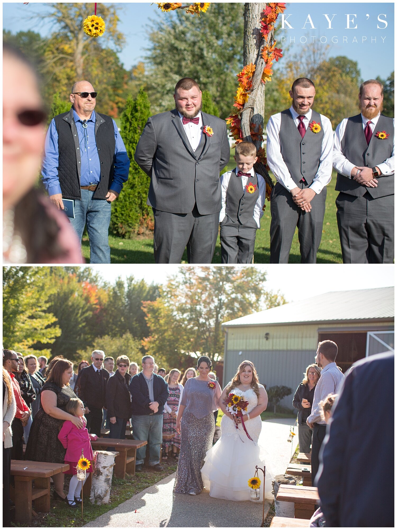 groom getting a first look at his bride coming down the aisle in Clio Michigan