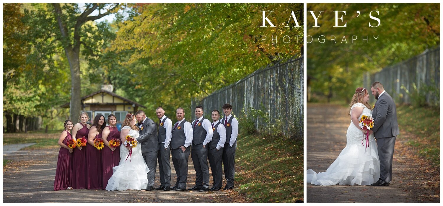 Bride and groom in fall frankenmuth michigan before wedding at round em up ranch