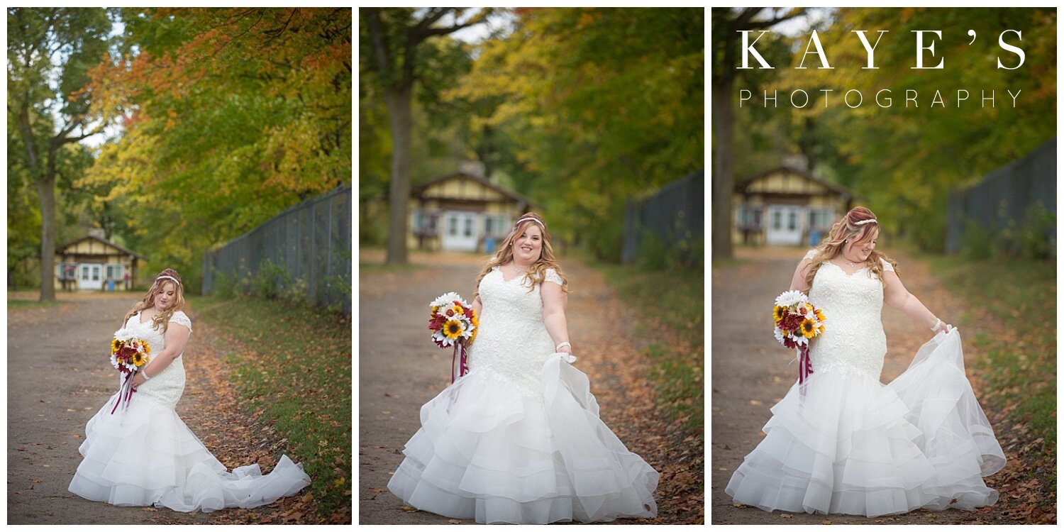 bride portraits with fall bouquet in clio michigan before round em up ranch