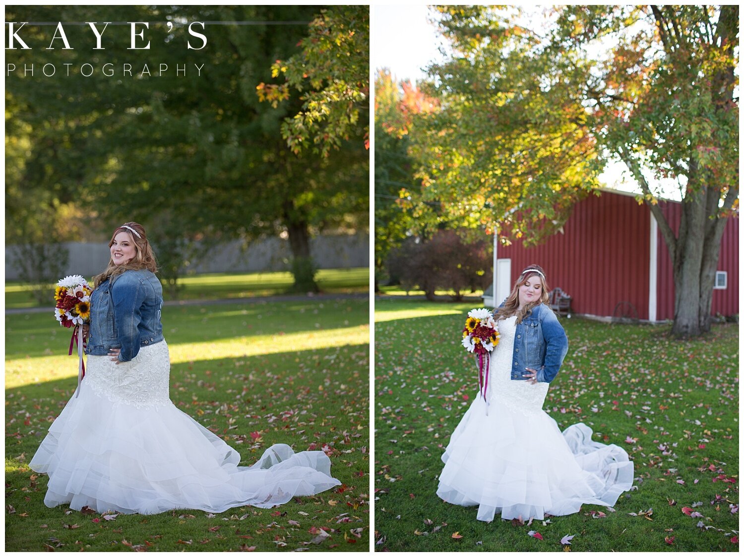 bride in jean jacket with fall wedding decor in clio michigan at round em ranch