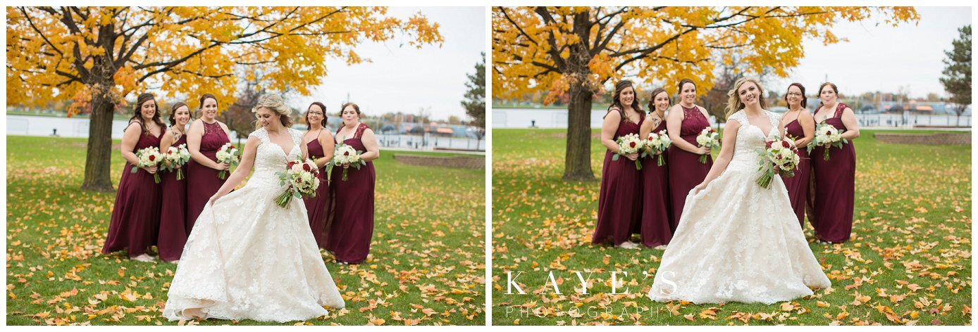 bridesmaids in the fall wedding at double tree hotel in bay city Michigan