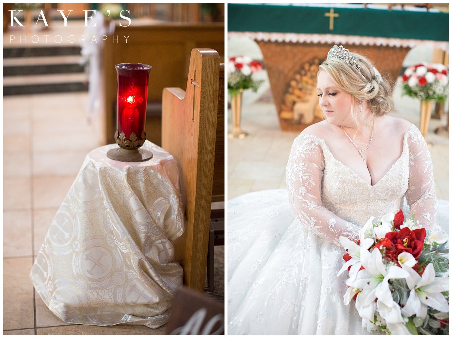 bride portraits in church with candle lit for grandmother