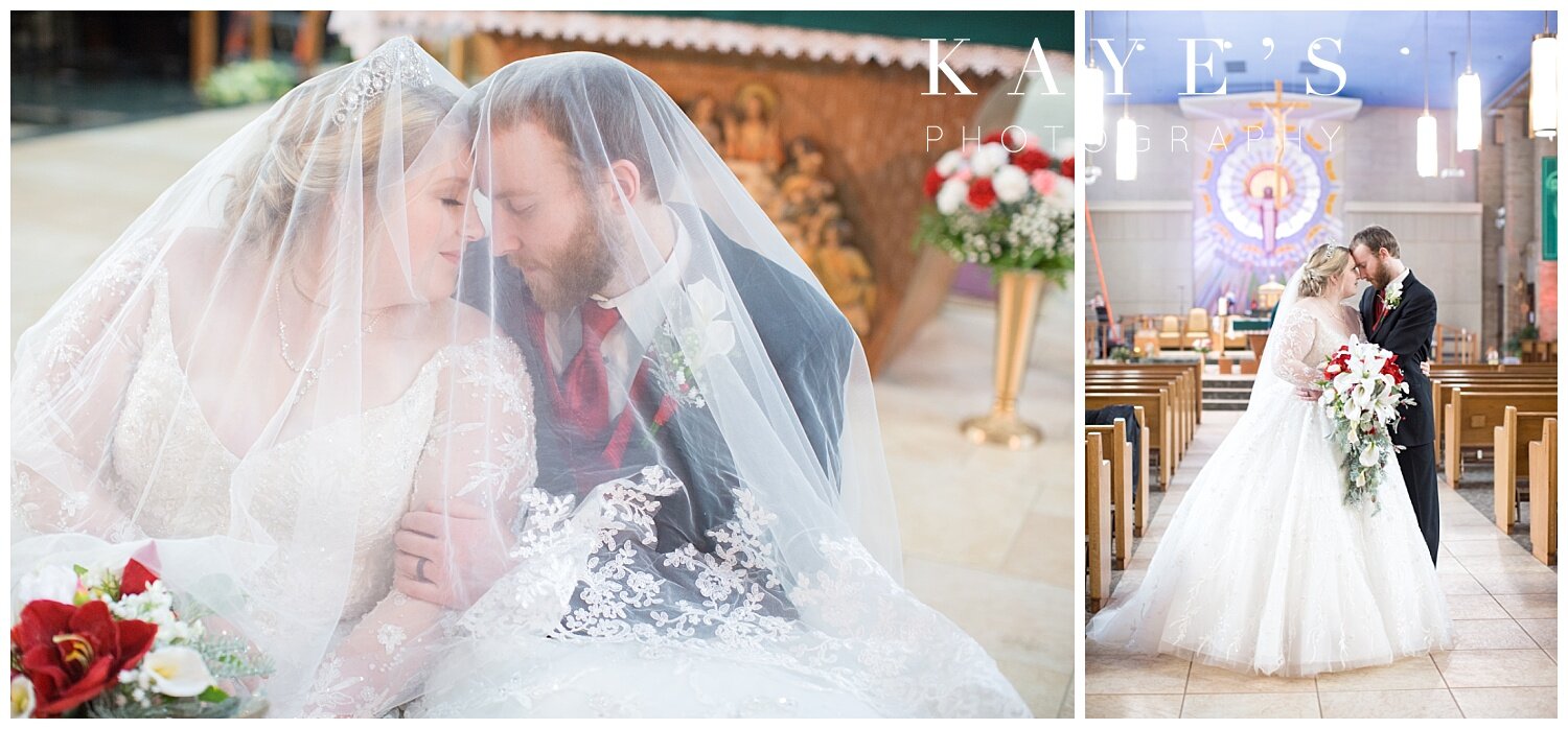 bride and groom portraits under brides veil in chruch in flint michigan