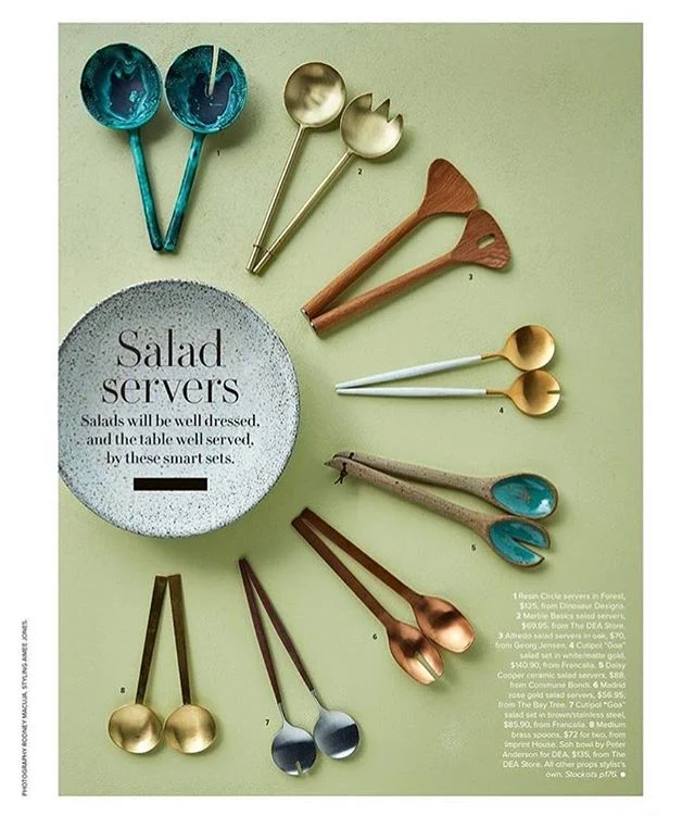 My picks of the most beautiful servers for our summer salads  as seen in the beautiful Feb. issue of @gourmettraveller 📷 @rodney_macuja beautiful servers from @dinosaur_designs @thedeastore @georgjensen @cutipol @francalia.homewares @commune_bondi @thebaytree @imprint_house tap for details #aimeejonesstylist #homewaresstylist #saladservers #propsstyling