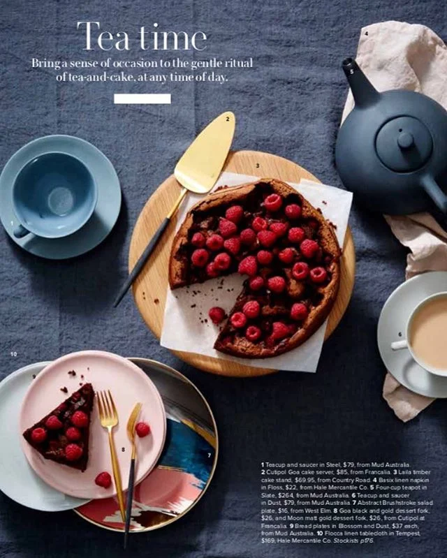 Autumn afternoon tea time inspiration in moody pinks and greys in the April issue of @gourmettraveller 📷@robcshaw styled by me beautiful cakestand -@countryroad linens - @halemercantileco plates, teacups and teapot -@mudaustralia brushwork plate - from @westelmaus @cutipol cake server and forks - @francalia.homewares #aimeejonesstylist #afternoontea #cake #tablelinen #teacups