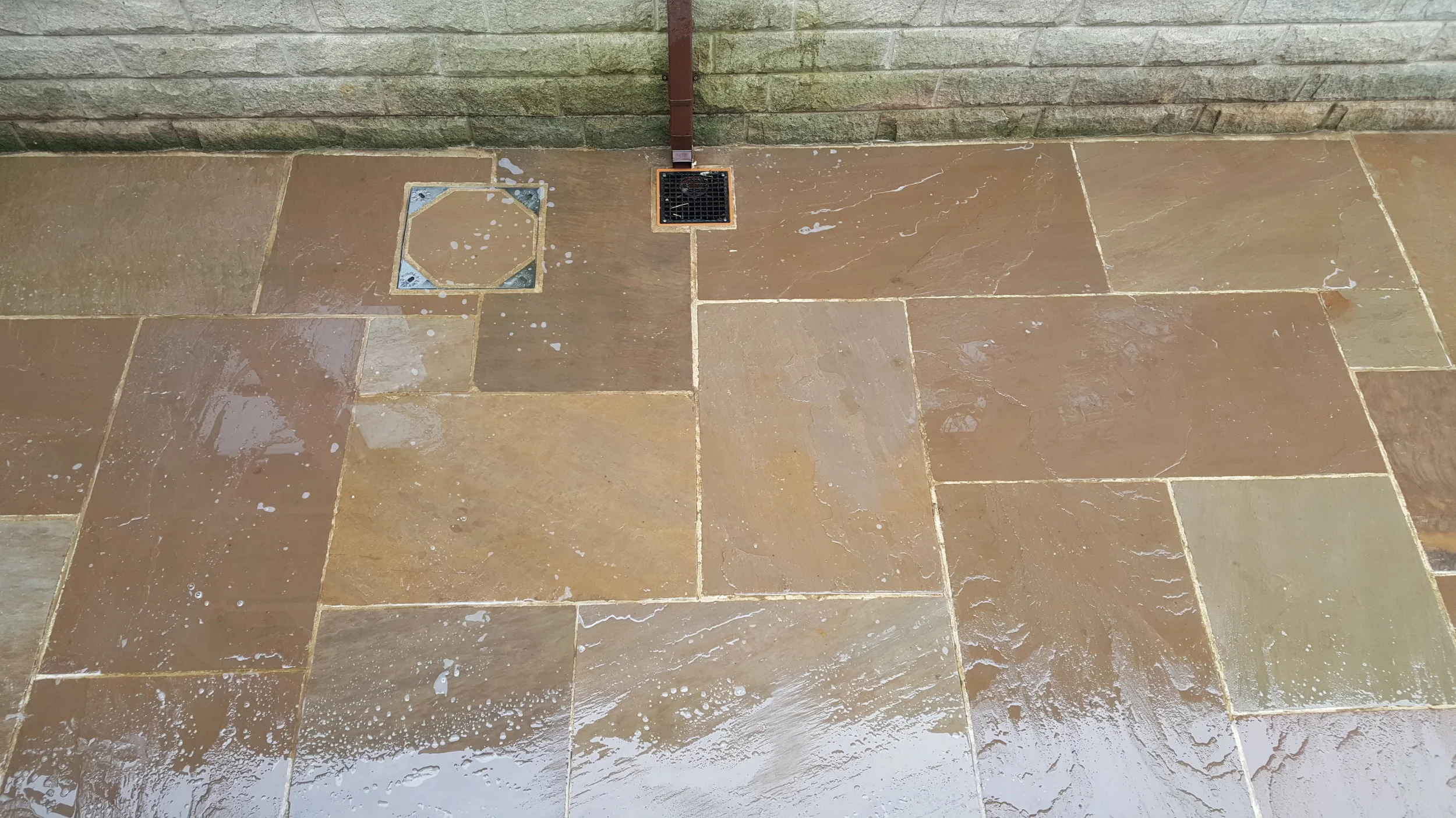 Detached property in Rawtenstall. Indian stone flagging heavily covered with green algae, following application of solution.